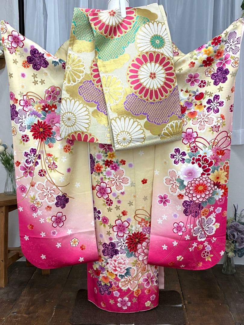 成人式　単品　1140 薄黄色&ピンク　正絹　振袖　格安！