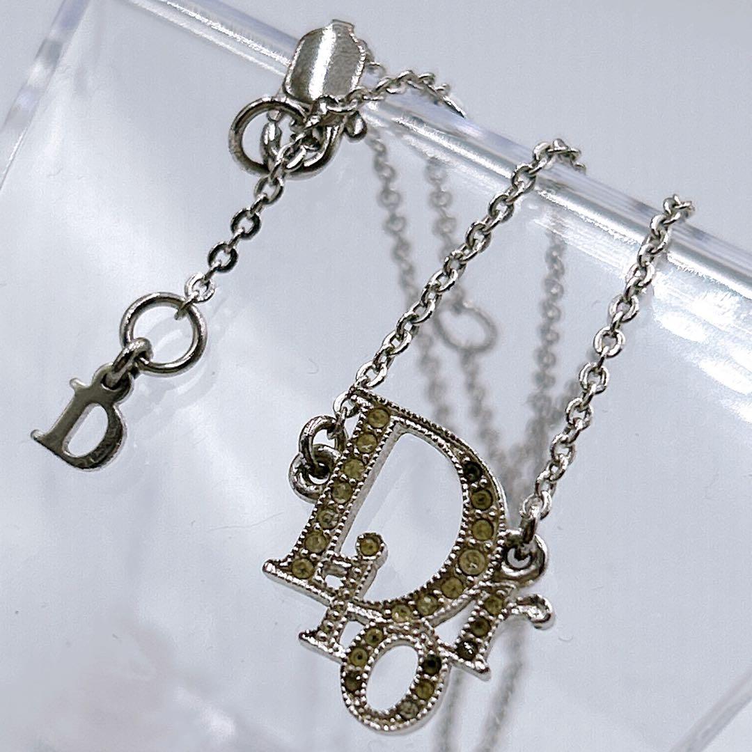 【Christian Dior】 ロゴ ラインストーン ネックレス シルバー