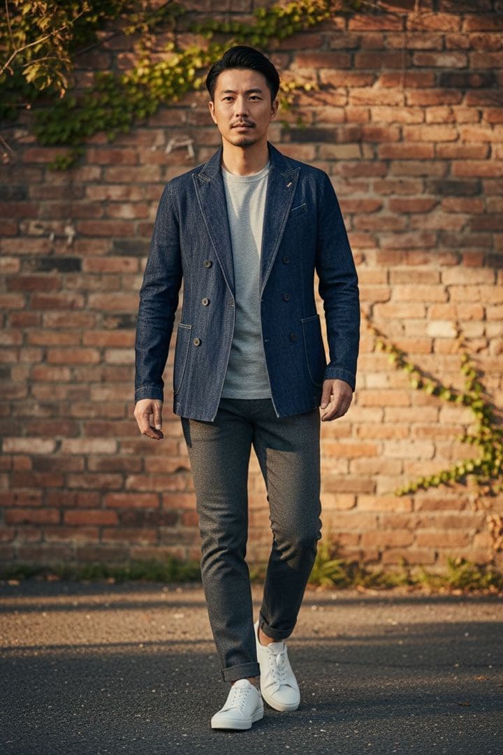 美品　ラルディーニ　ダブル仕立て　デニム生地テーラードジャケット　ブルー　48