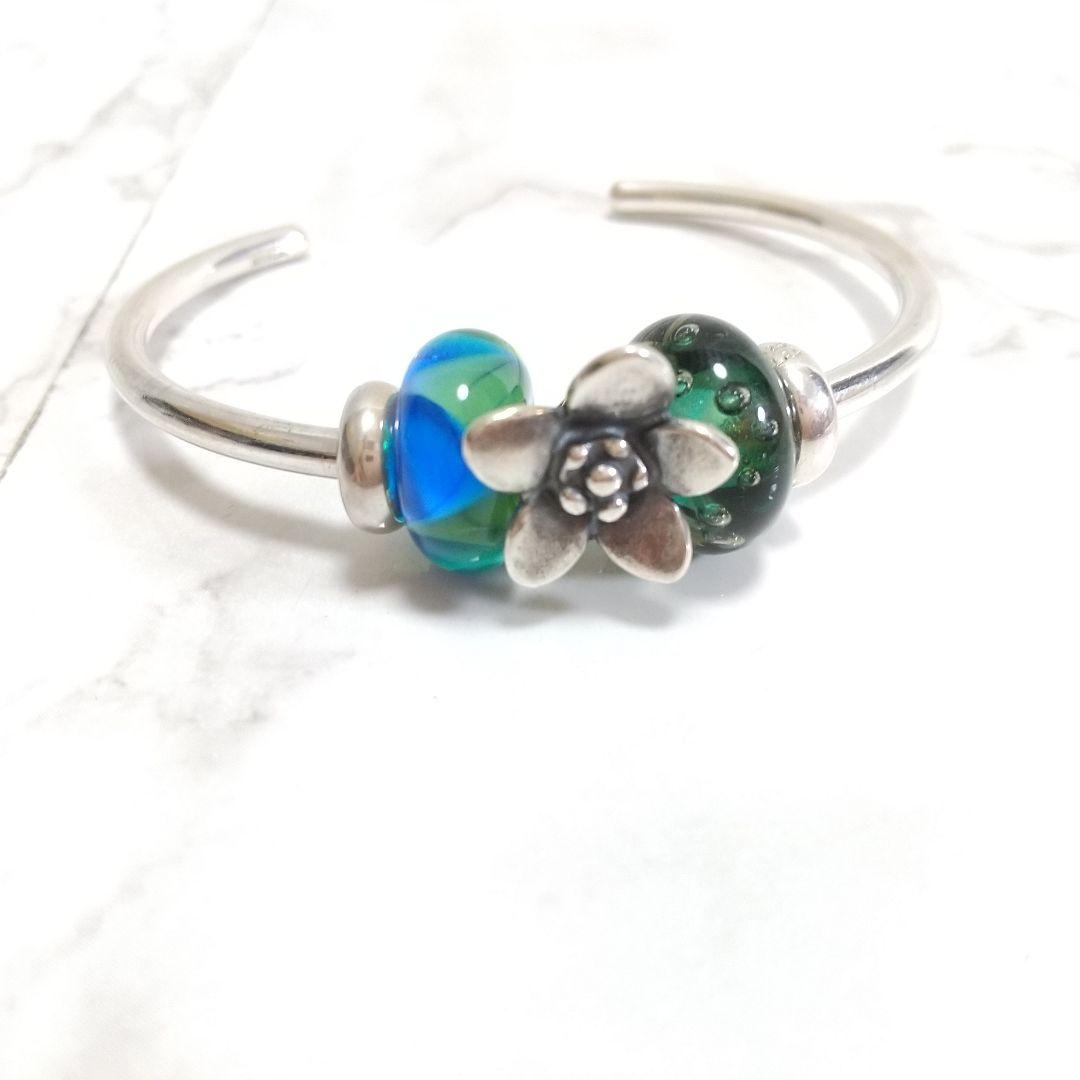 トロールビーズ　シルバー925バングル　スペーサー　花　リーフ　グリーン　セット