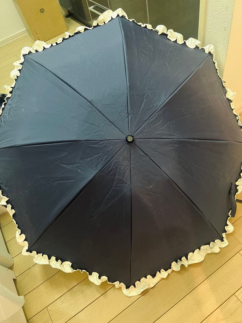 芦屋ロサブラン　3段折　日傘　フリル　ネイビー　アイボリー