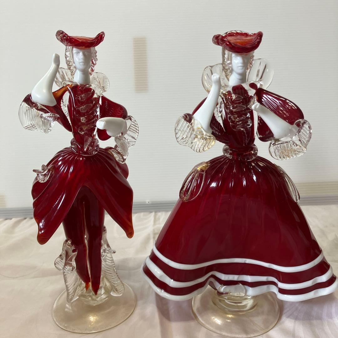 ベネチアンガラス美術品工芸品ムラーノガラスペア人形赤金彩