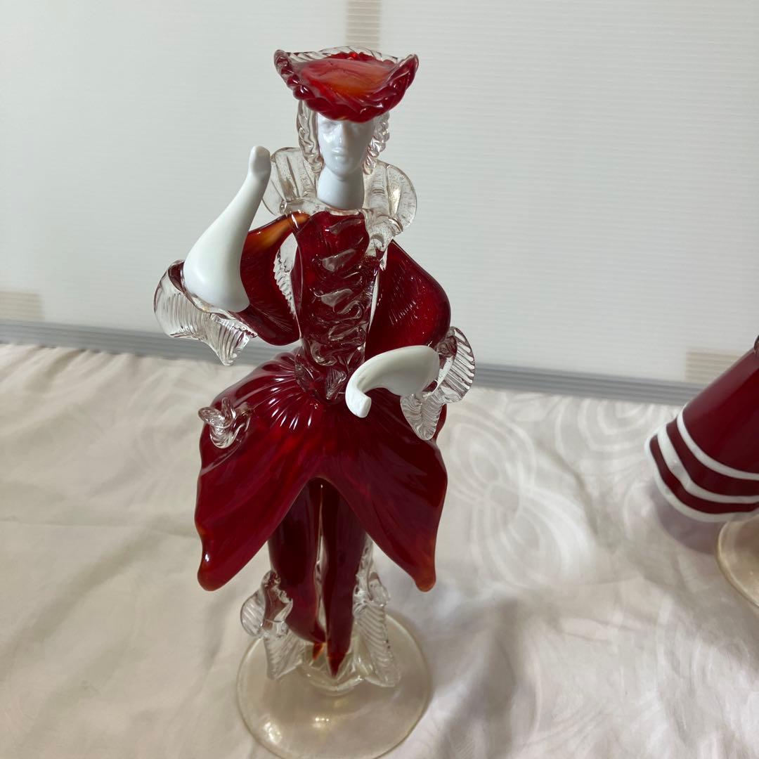 ベネチアンガラス美術品工芸品ムラーノガラスペア人形赤金彩