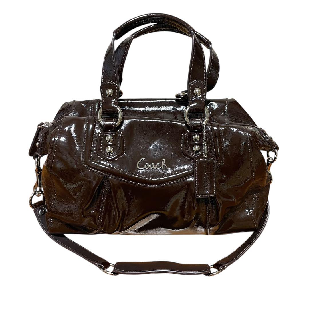 d*3様 COACH ブラウン ハンドバッグ ショルダーバッグ エナメル 2wa