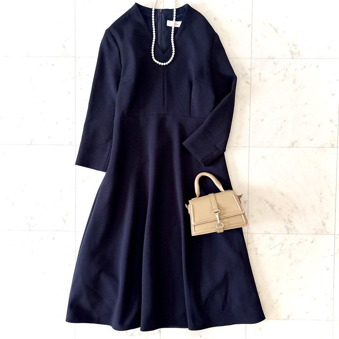 極美品 レリアン leilian Vネック フレアワンピース 七分袖 ネイビー