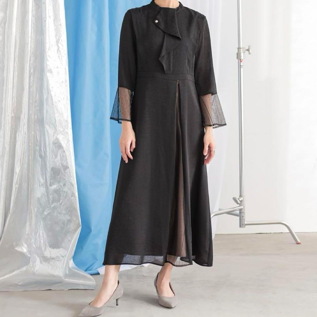 【4L】　カラルス　フロントドレープデザインレース×ジャガード切替ワンピース