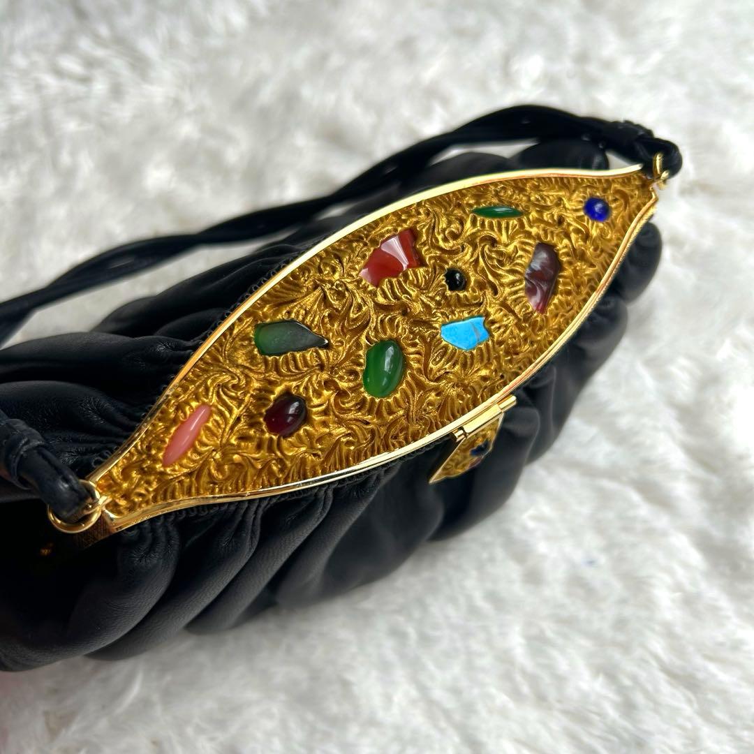 【美品】ハマノ ハンドバッグ サンピエトロ がま口 ビジュー ブラック　レザー