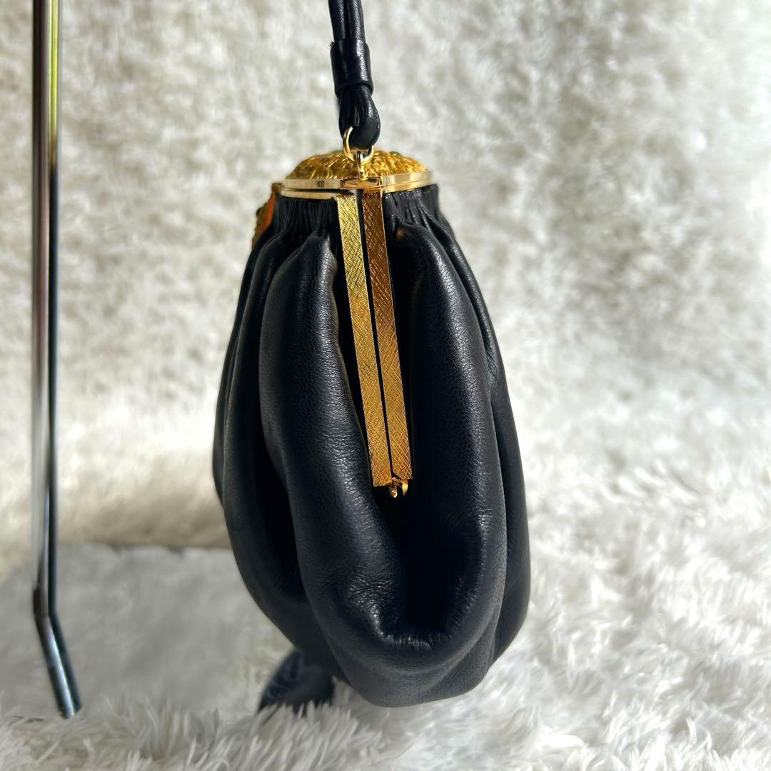 【美品】ハマノ ハンドバッグ サンピエトロ がま口 ビジュー ブラック　レザー