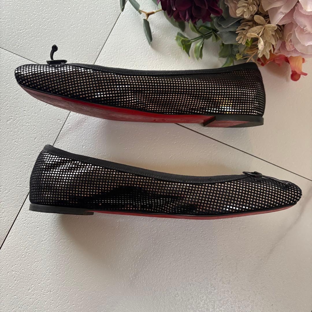 クリスチャンルブタン　リボン付きフラットパンプス　ブラック　36