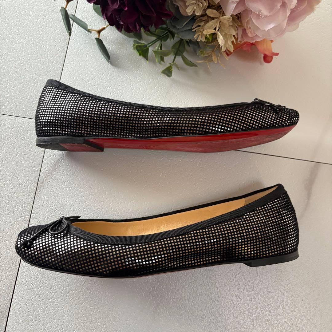 クリスチャンルブタン　リボン付きフラットパンプス　ブラック　36