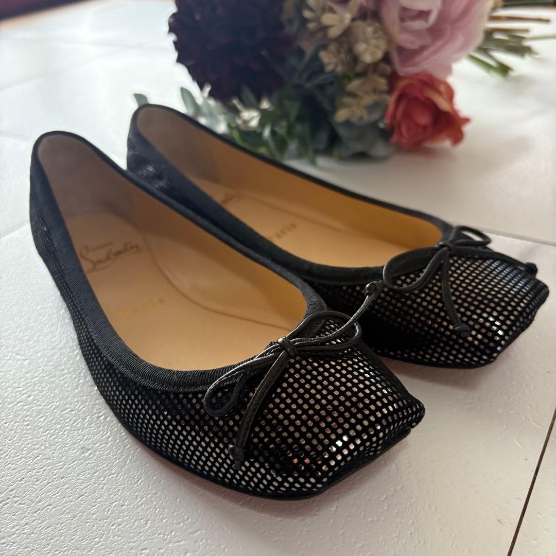 クリスチャンルブタン　リボン付きフラットパンプス　ブラック　36