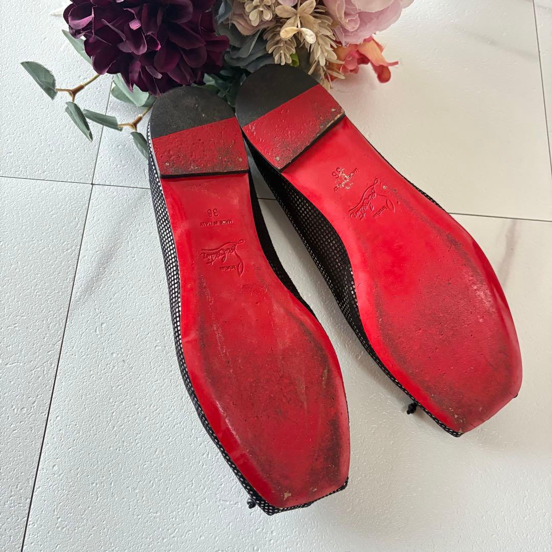 クリスチャンルブタン　リボン付きフラットパンプス　ブラック　36