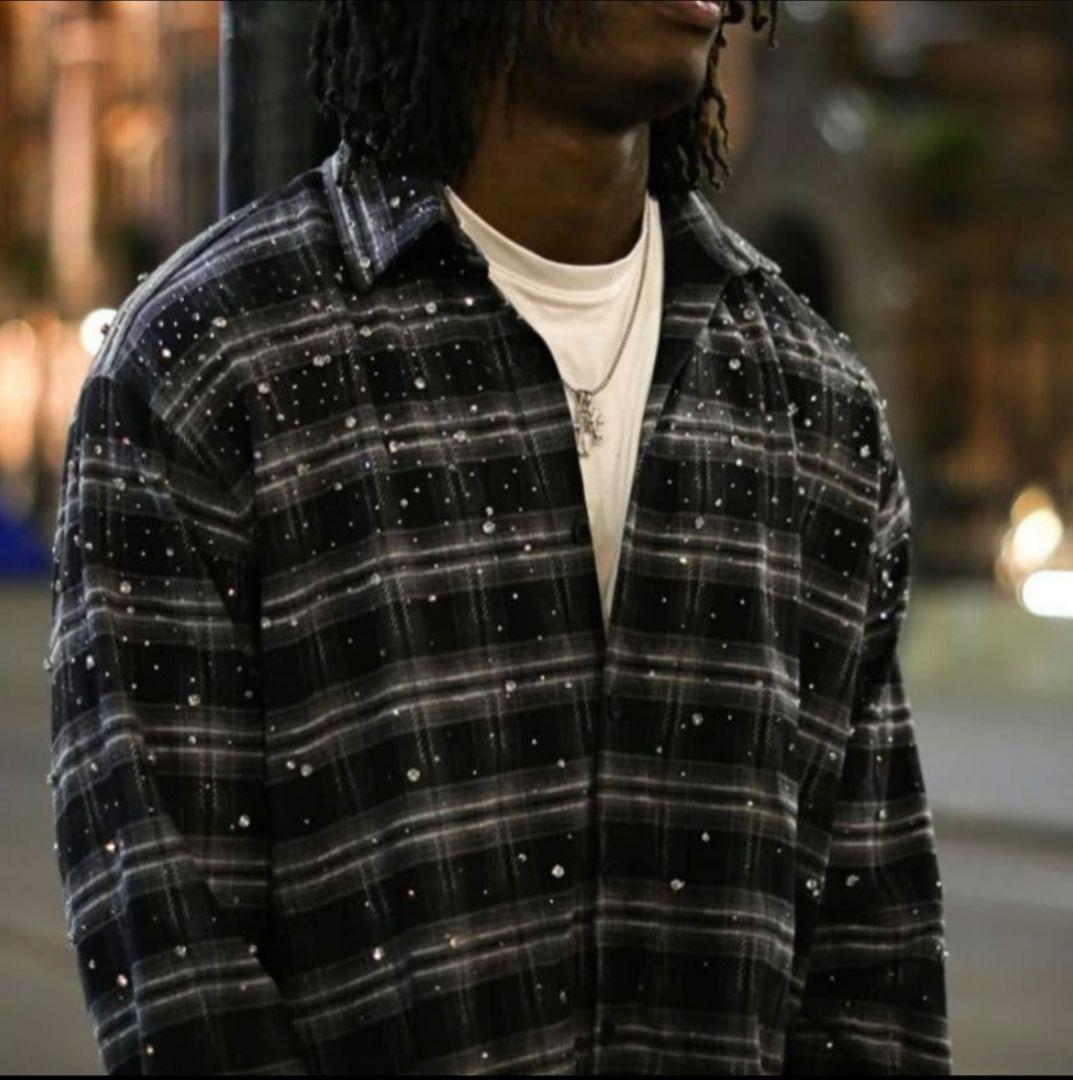 VYBES ラインストーン　スパンコール　チェック柄　シャツ　光る