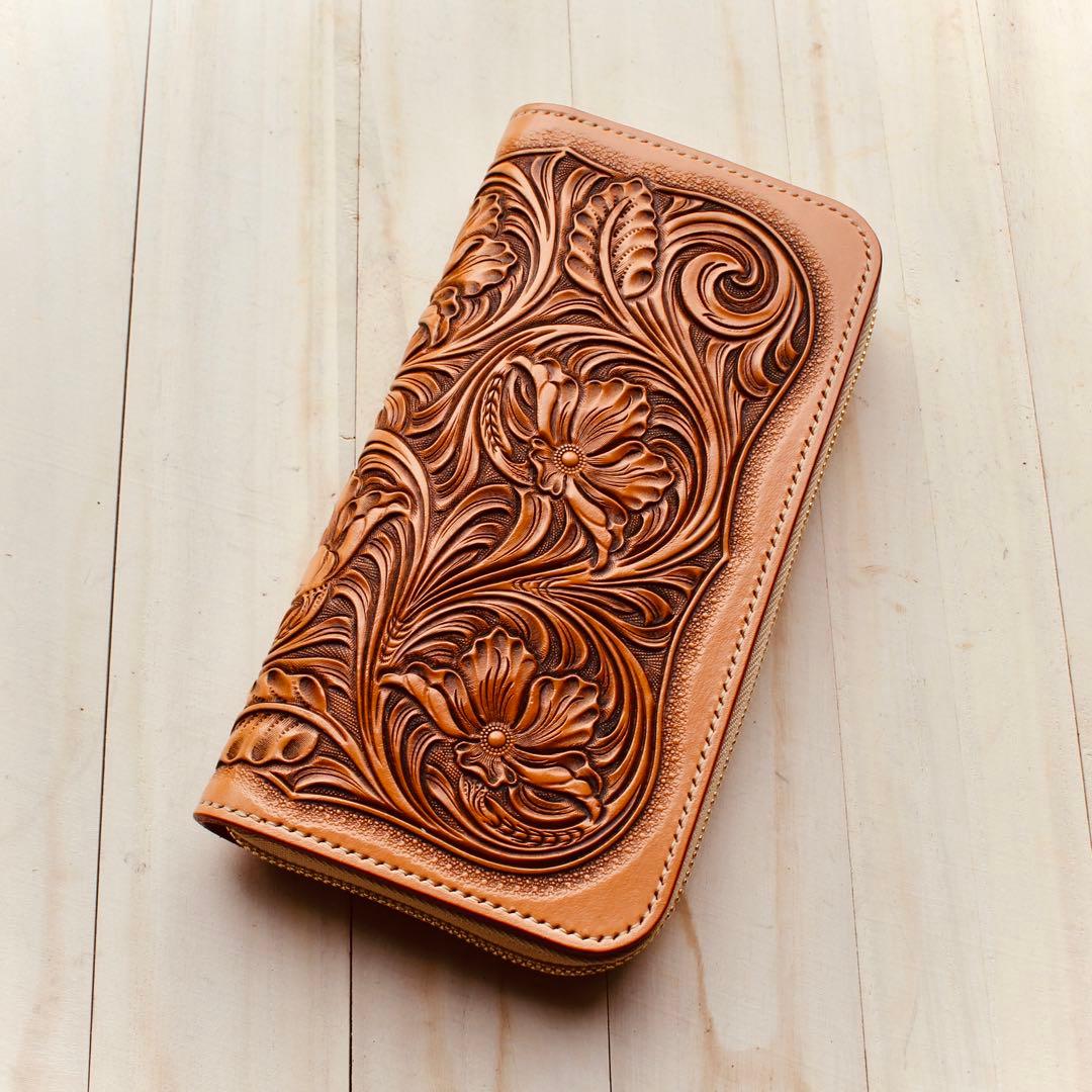 (依頼受付中)ラウンドファスナーウォレット 【カービング /ナチュラル】