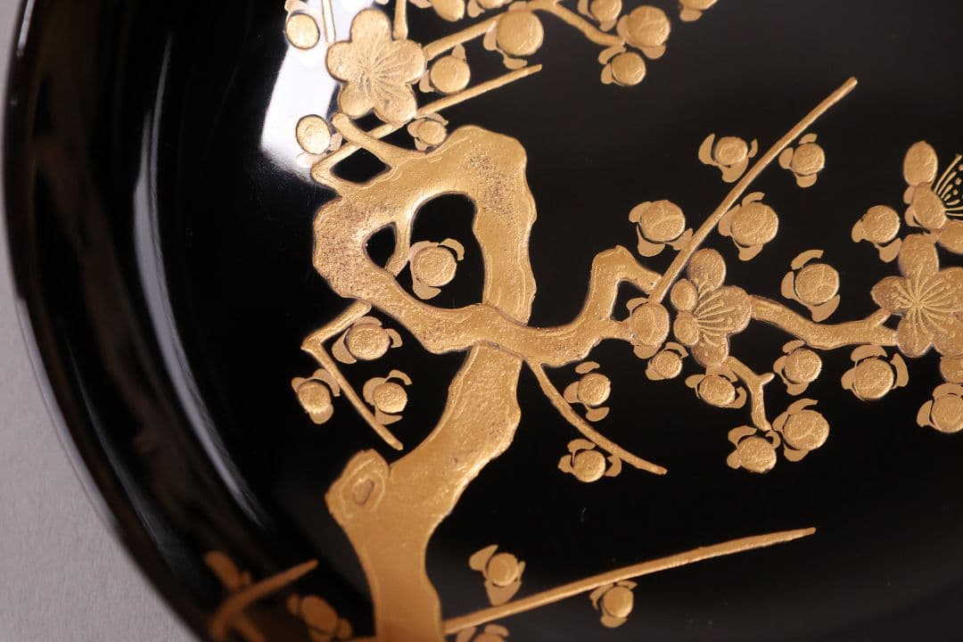 【CM232】古い木皿 五客 梅 金蒔絵 黒塗 小皿 菓子皿 木製漆器 大正昭和