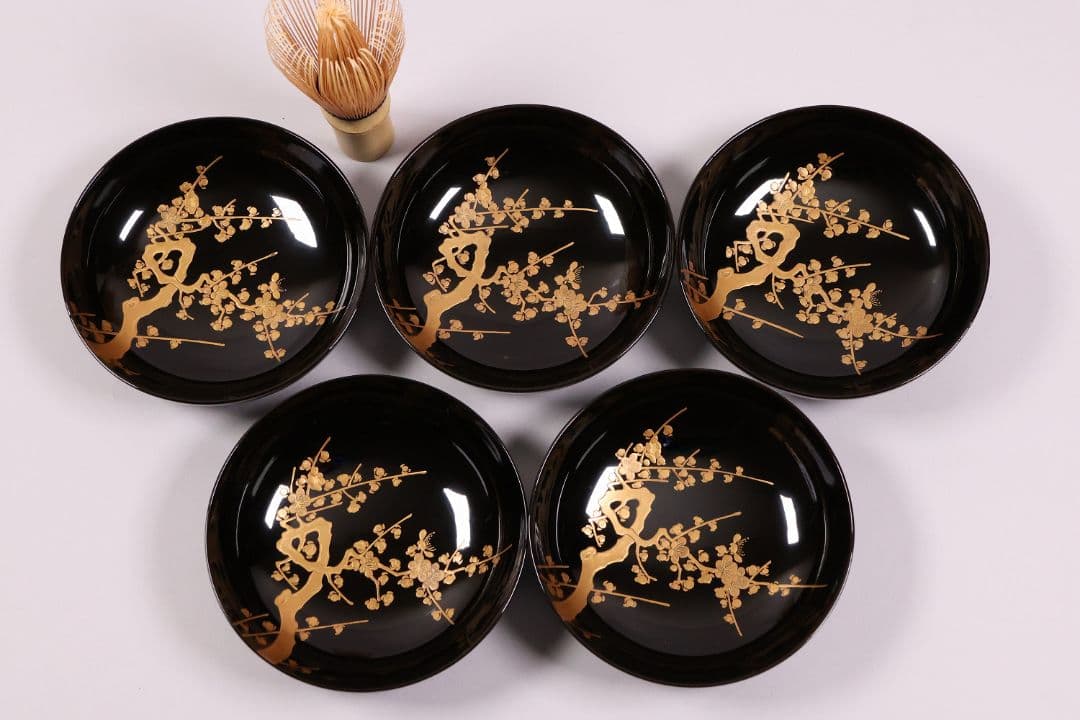 【CM232】古い木皿 五客 梅 金蒔絵 黒塗 小皿 菓子皿 木製漆器 大正昭和