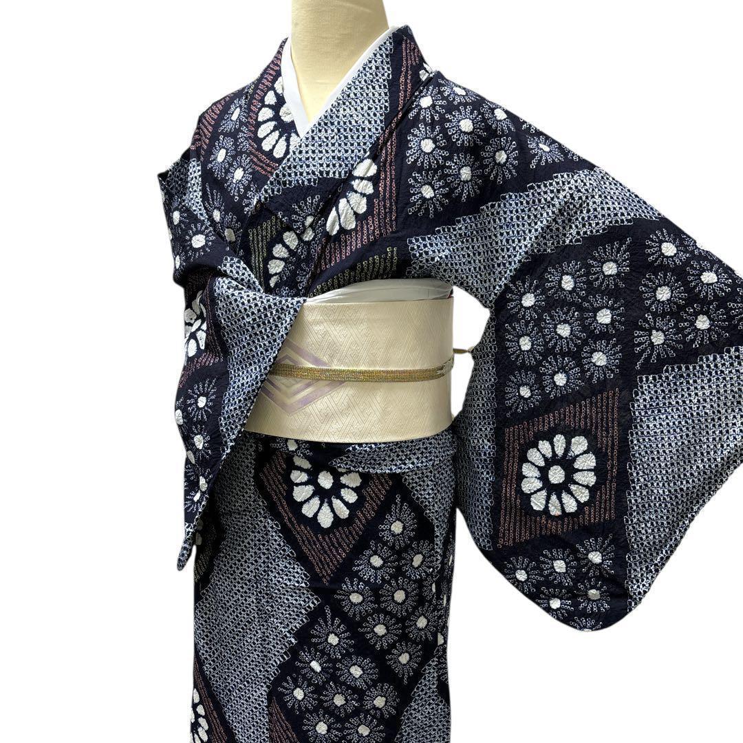 A67有松鳴海絞り 高級浴衣 花 綿　単衣