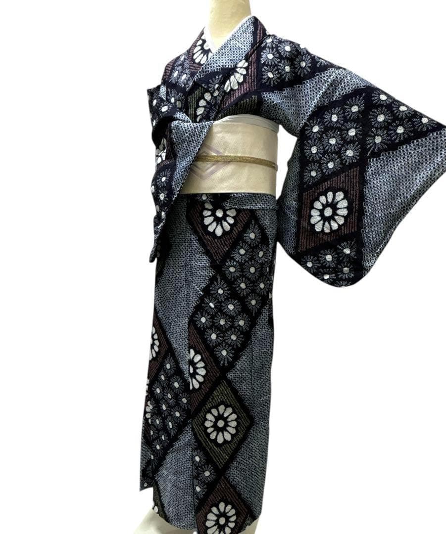 A67有松鳴海絞り 高級浴衣 花 綿　単衣