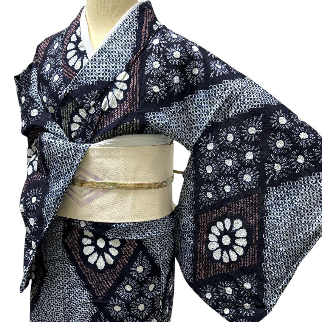 A67有松鳴海絞り 高級浴衣 花 綿　単衣