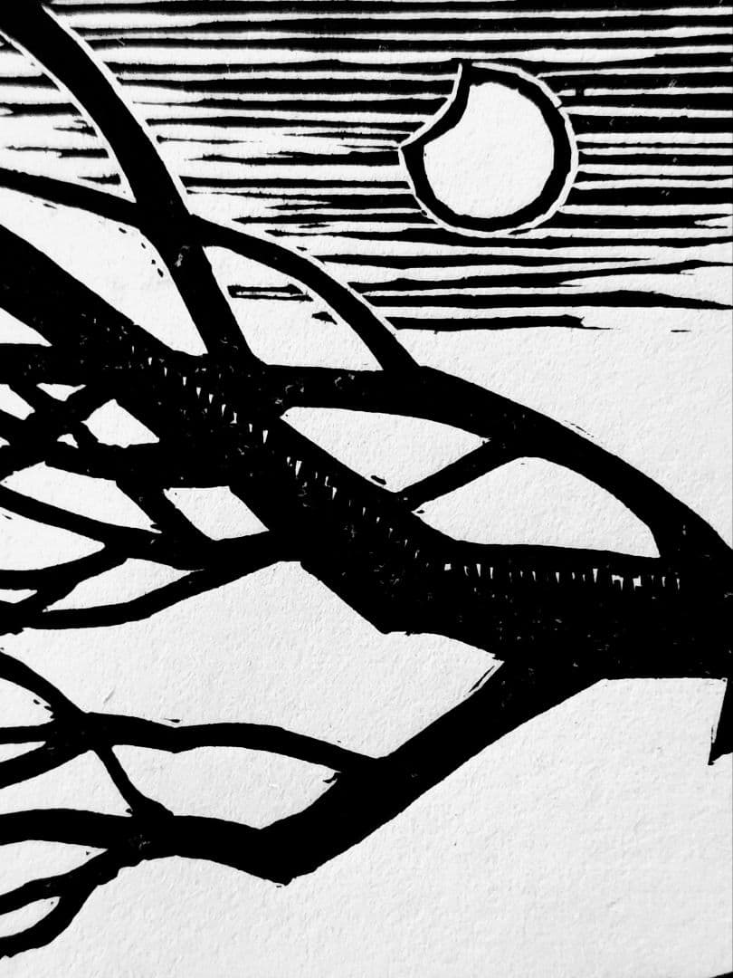 手島圭三郎　 昼の月 木版画 14/200 直筆サイン