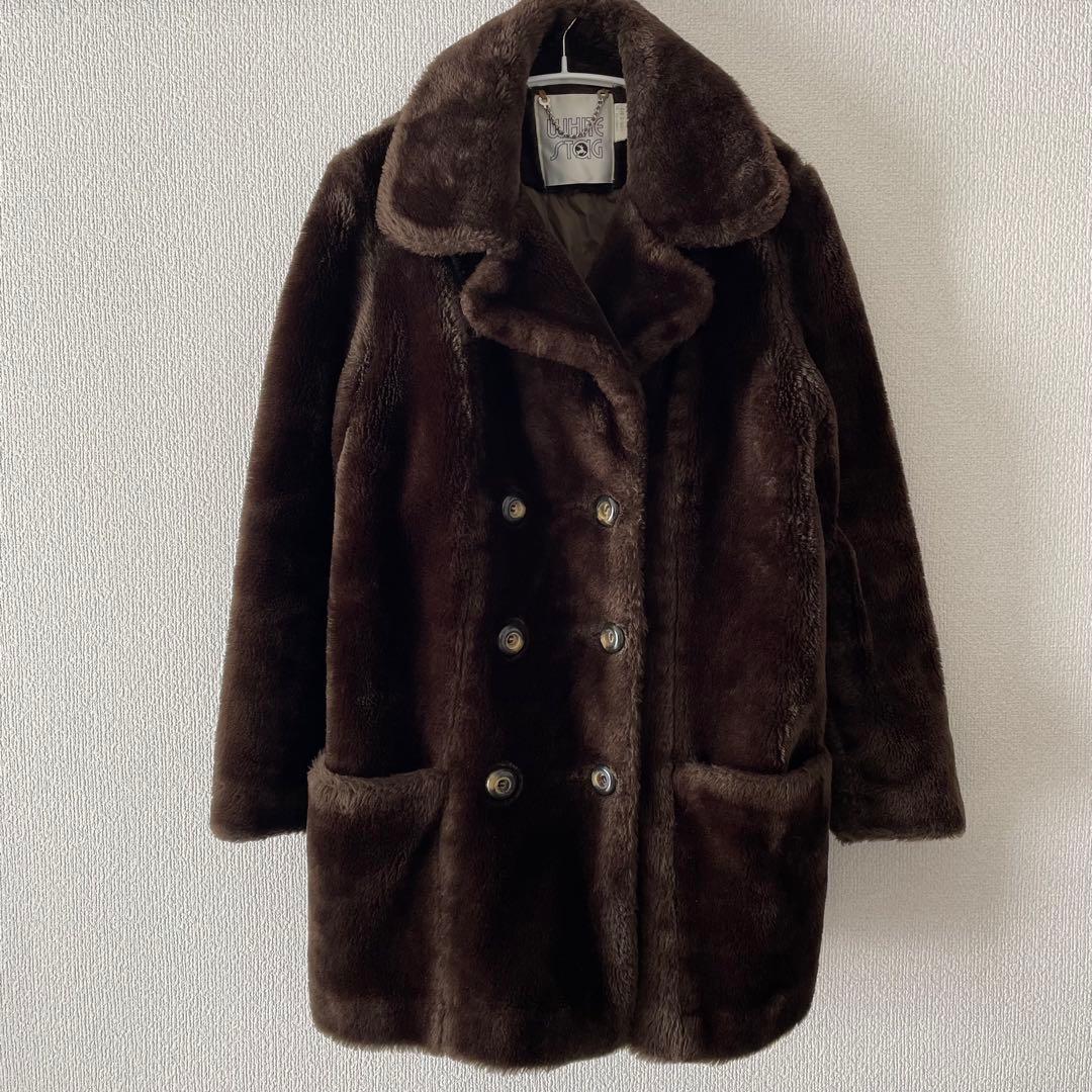 WHITE STAG ダークブラウン ファーコート ビンテージ ダブルブレスト