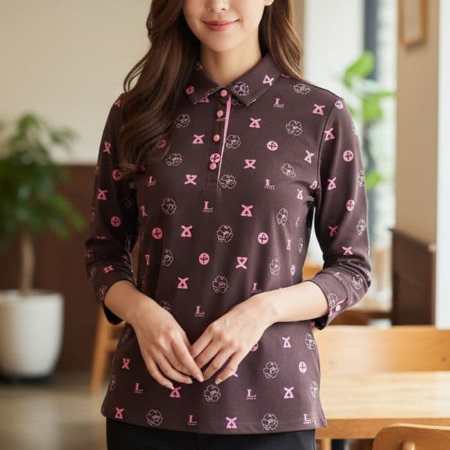 【未使用級】レオナール長袖コットンポロシャツ 総ロゴマーク花柄ブラウン42XL