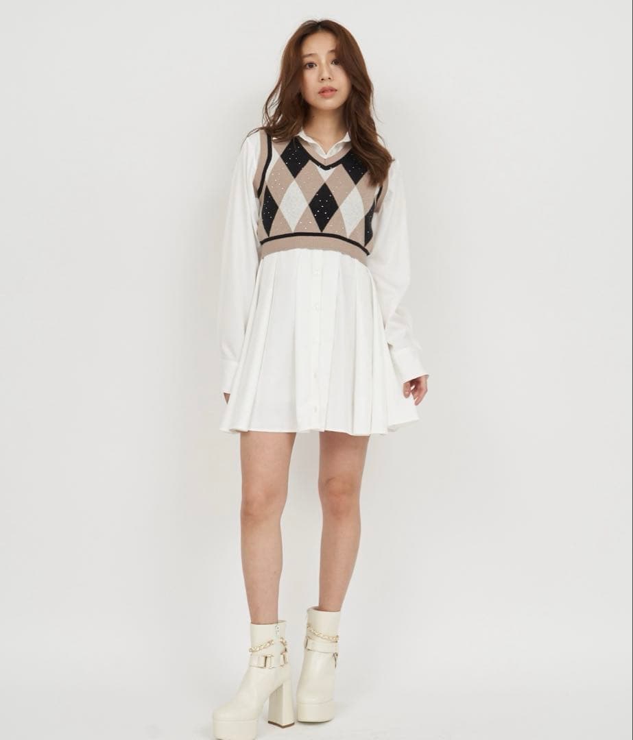 新品未使用　 PARTY アーガイルベスト付シャツミニワンピース