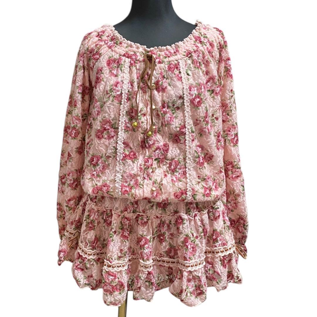 Y2K LIZLISA オフショル花柄レースワンピ リボン 姫ギャル 平成ギャル