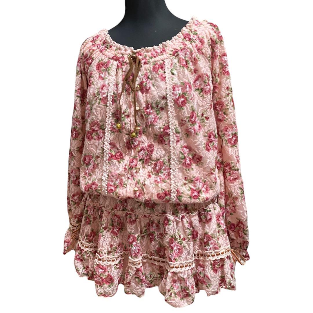 Y2K LIZLISA オフショル花柄レースワンピ リボン 姫ギャル 平成ギャル