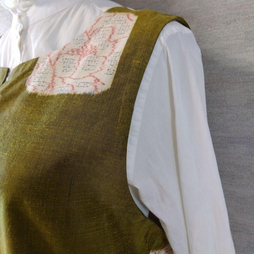 2026J010 　着物リメイク　辛子色の十日町紬　ジャンパースカート