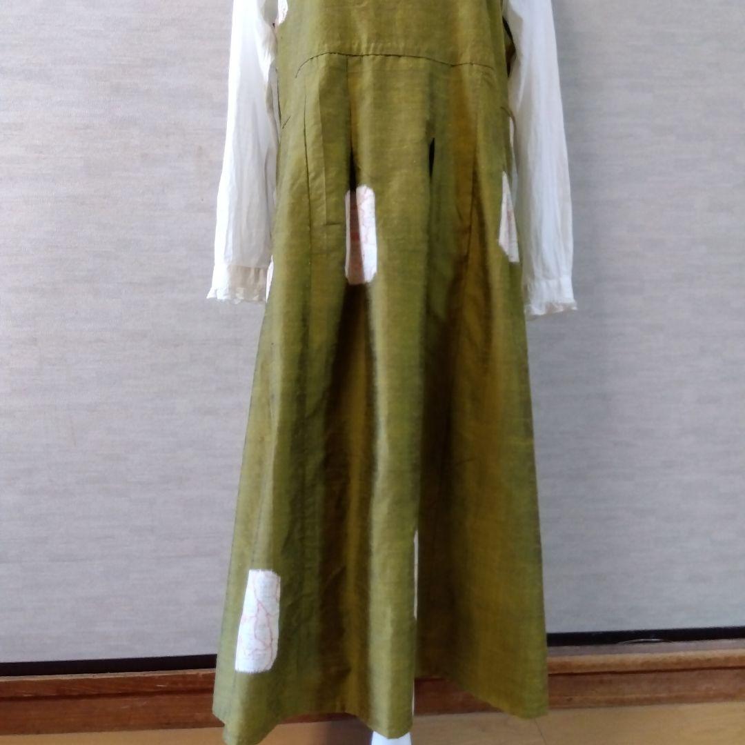 2026J010 　着物リメイク　辛子色の十日町紬　ジャンパースカート