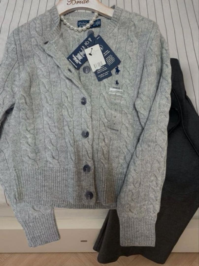 セールPOLO ポロラルフローレンウールカシミヤ ケーブル カーディガン　グレー