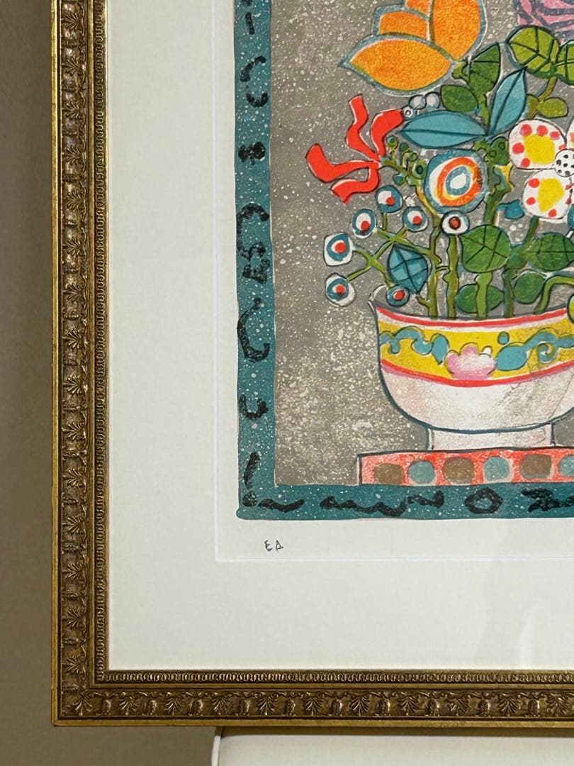 ポール アイズピリ　グレーの背景のピンクのバラ　リトグラフ