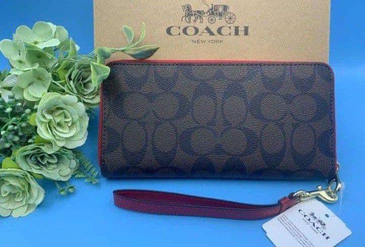 新品未使用コーチ長財布ブラウンレッドシグネチャー レディースメンズ送料無料