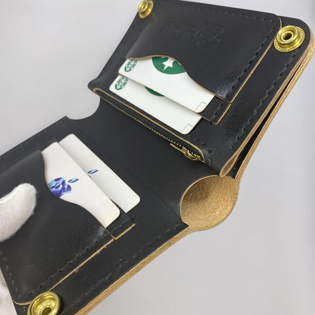 値下【無骨x上質 お札折らず収納】 丘染ブラック 手染ミドルトラッカーウォレット