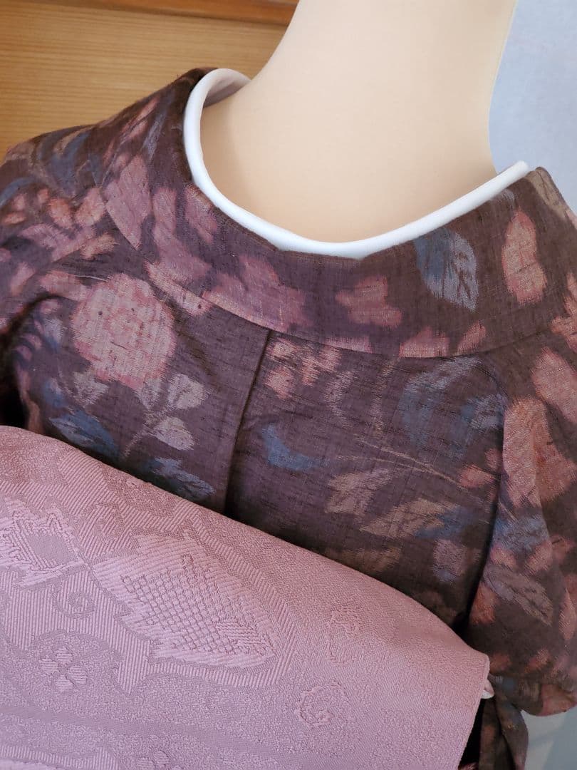 【スモールサイズ＊】辻が花の紬　茶色　ピンク　正絹　特価☆