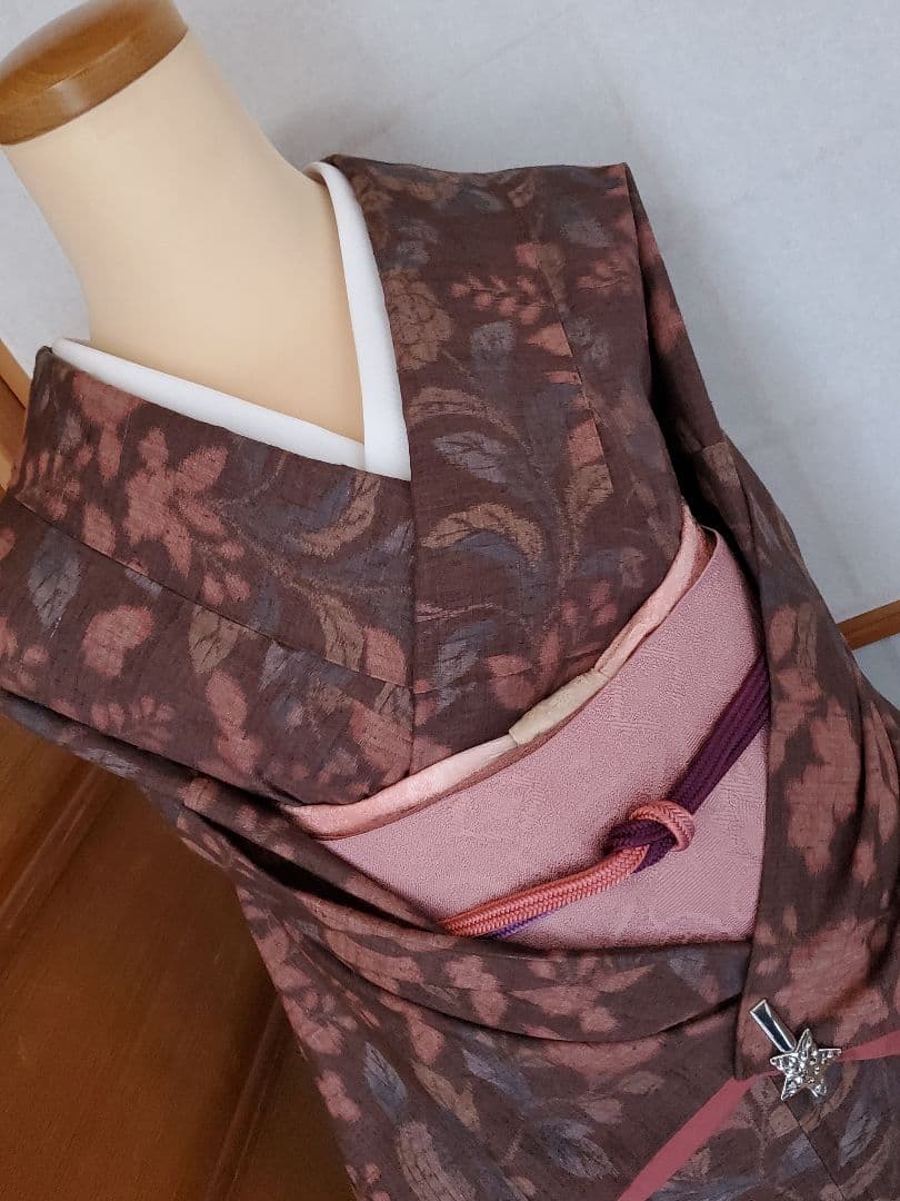 【スモールサイズ＊】辻が花の紬　茶色　ピンク　正絹　特価☆