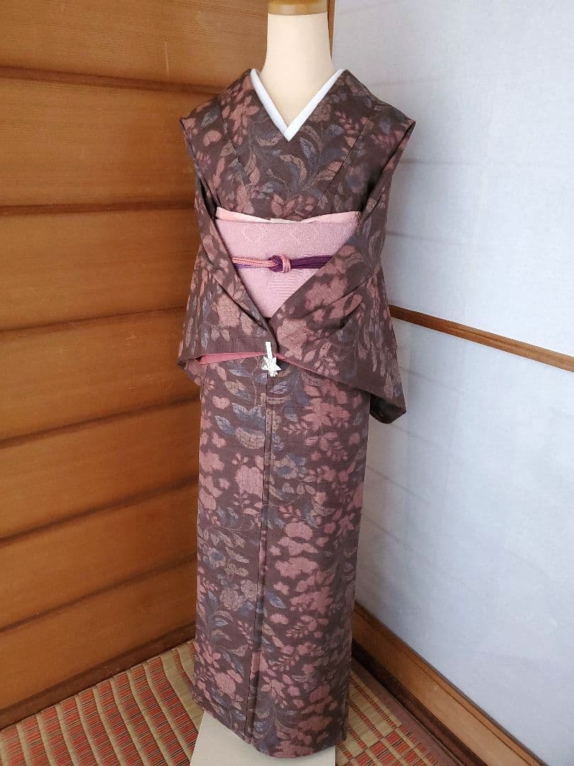 【スモールサイズ＊】辻が花の紬　茶色　ピンク　正絹　特価☆