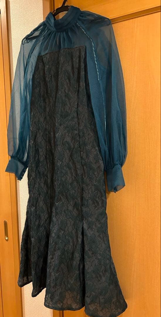 【美品】グロッシーレースジャガードマーメイドドレス ダークグリーン