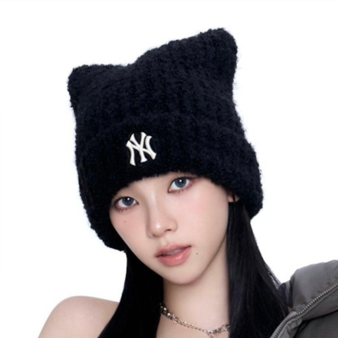 MLB ニット帽 猫耳 aespa カリナ ブラック MLBKOREA ビーニー