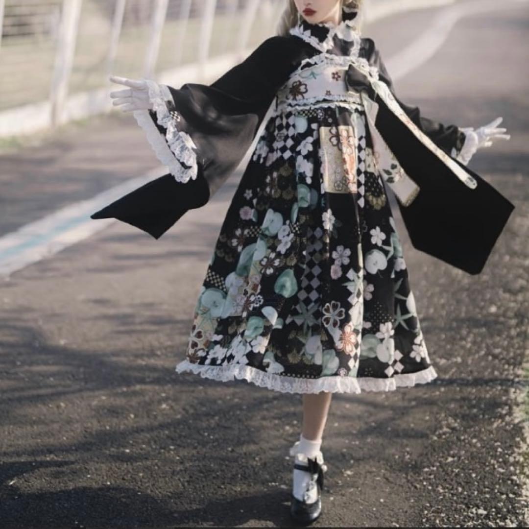 袴風 和柄ロリータロングワンピース　ブラウス　お得な2点セット