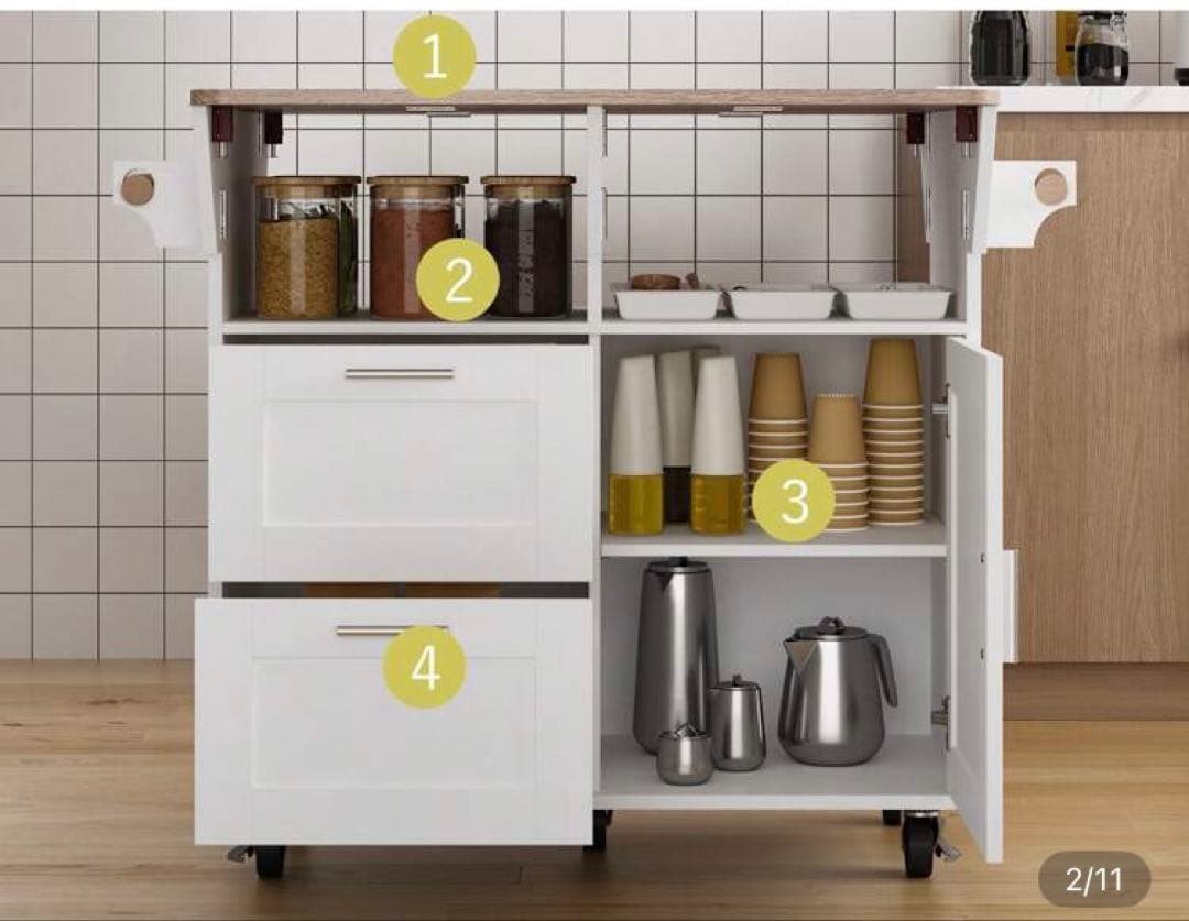 キャスター付き折りたたみ式キッチンカウンター