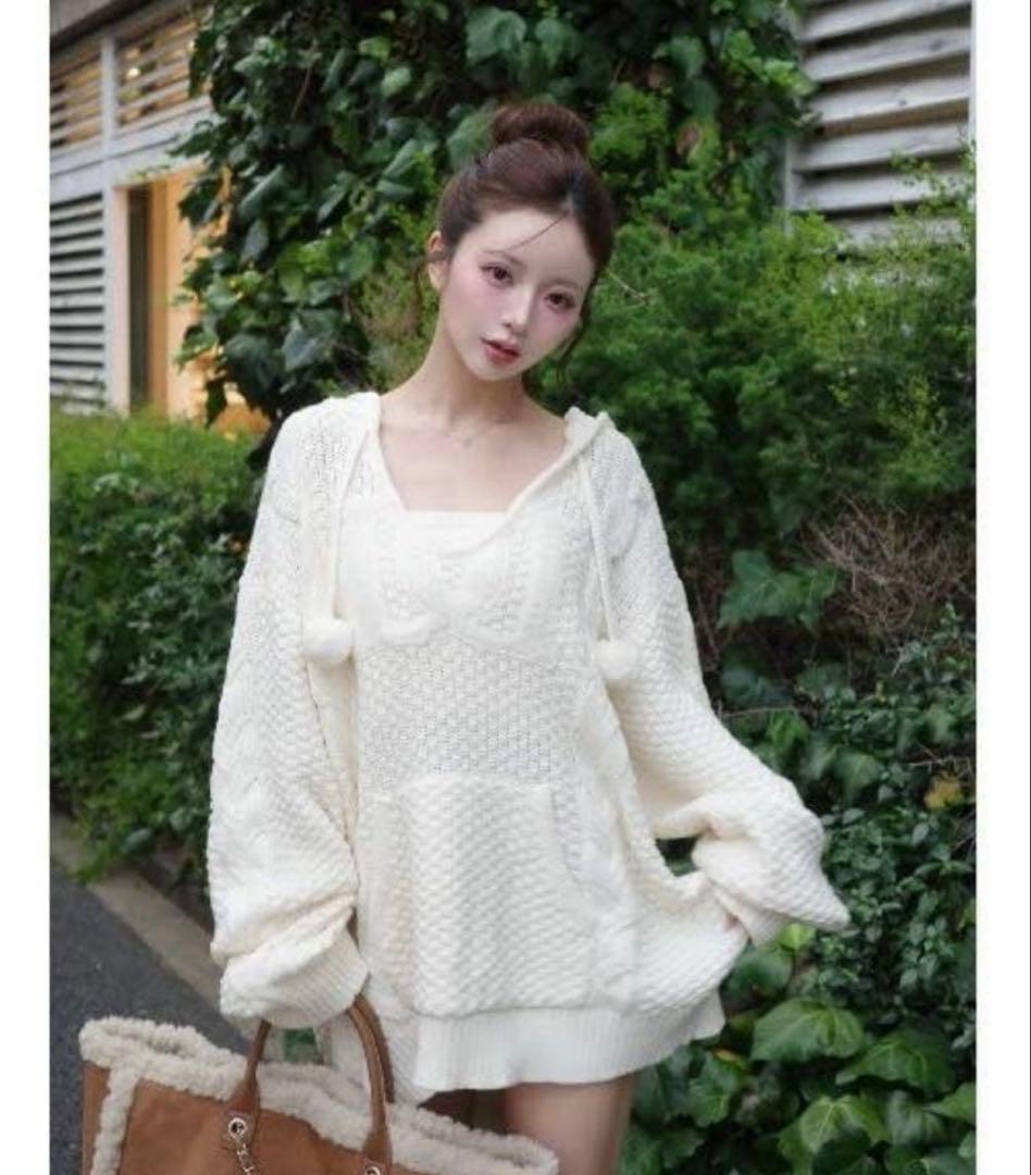 ダーリッチ ケーブルDDロゴVネックニットフーディ アイボリー free