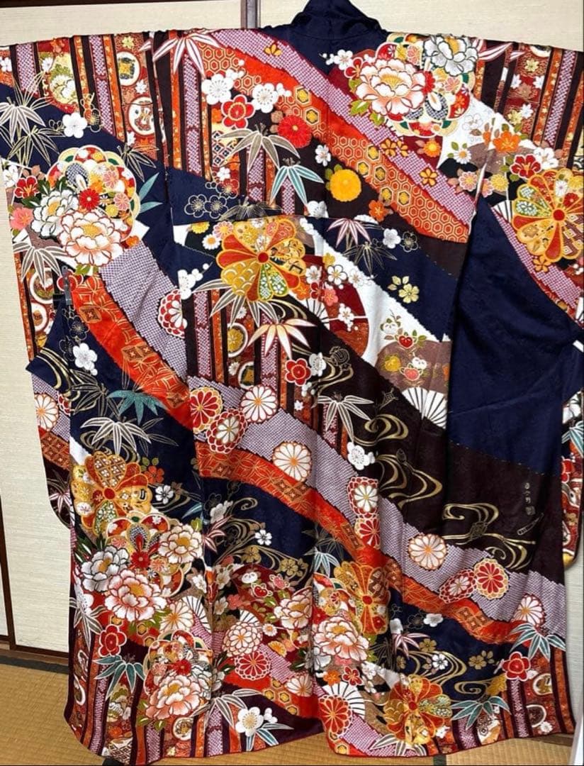 紺×茶 吉祥 華文 振袖 身丈162