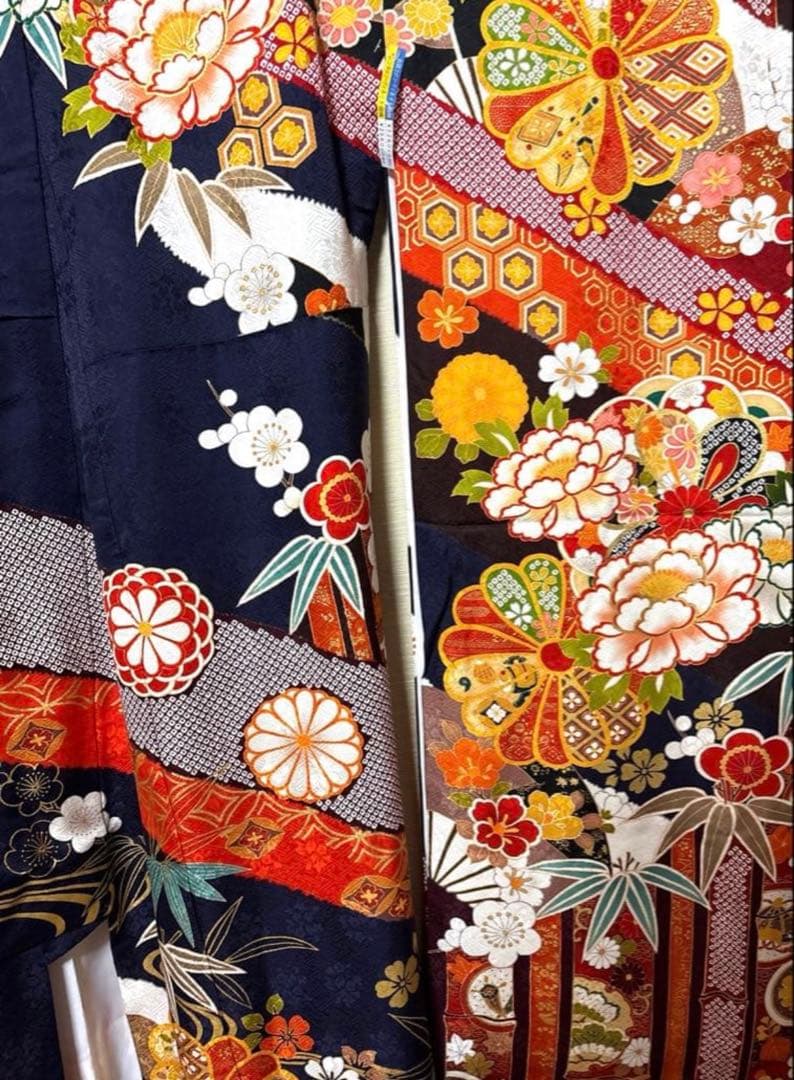 紺×茶 吉祥 華文 振袖 身丈162