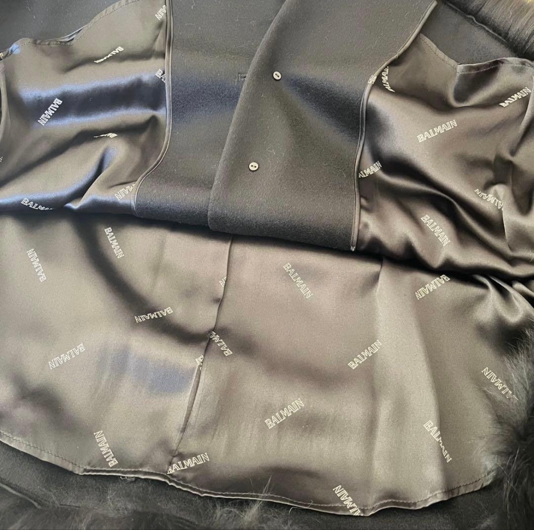 BALMAIN ブラック ケープコート フォックスファー付き