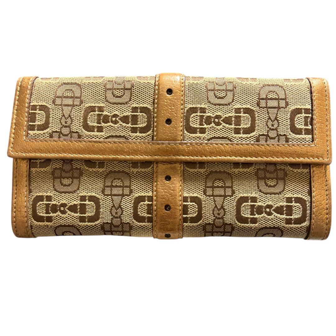 GUCCI グッチ 長財布 ホースビット ブラウン キャンバス ゴールドベルト