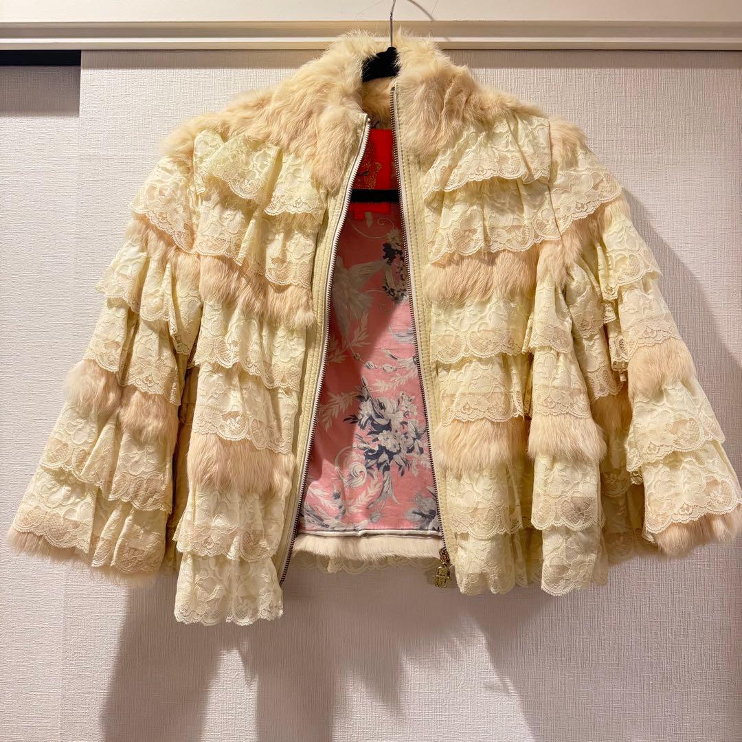 MANOUSH マヌーシュ リアルファー&フリルレース　ショートコート オフ白