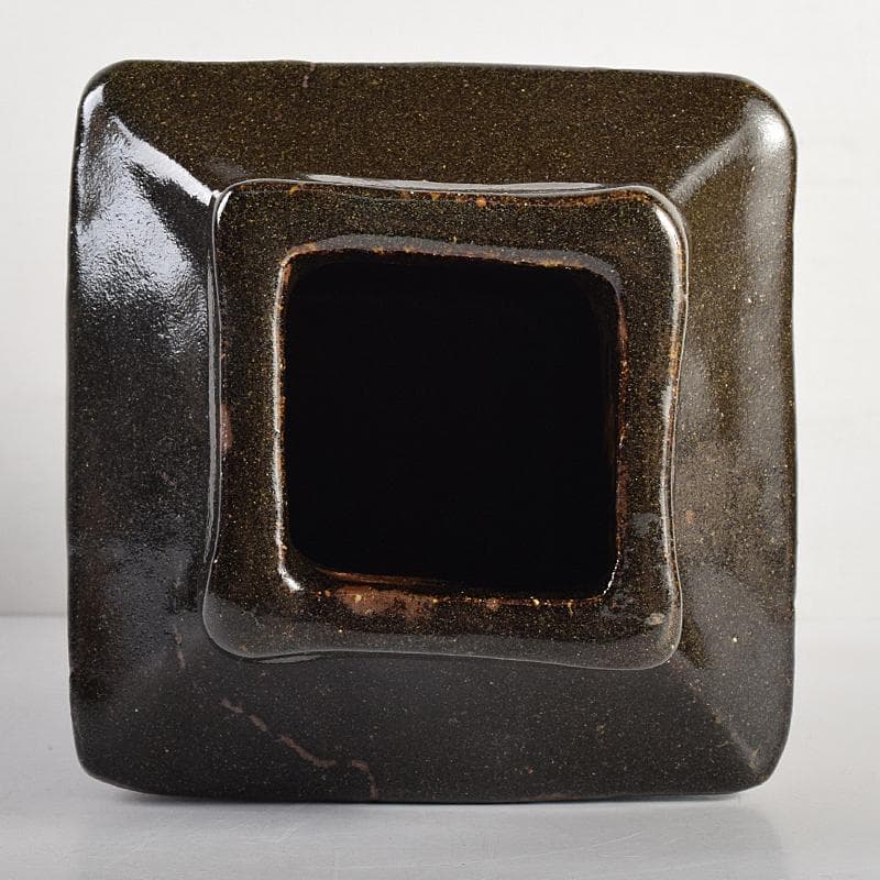 いしちゃん　濱田庄司作　益子焼　鉄釉　四方花生　共布共箱　M　R8832B