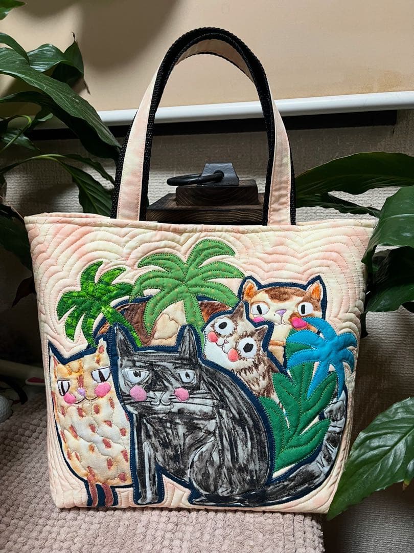 ハワイアンキルト　ハワイアンキルトバッグ　トートバッグ　猫バッグ　ヤシの木